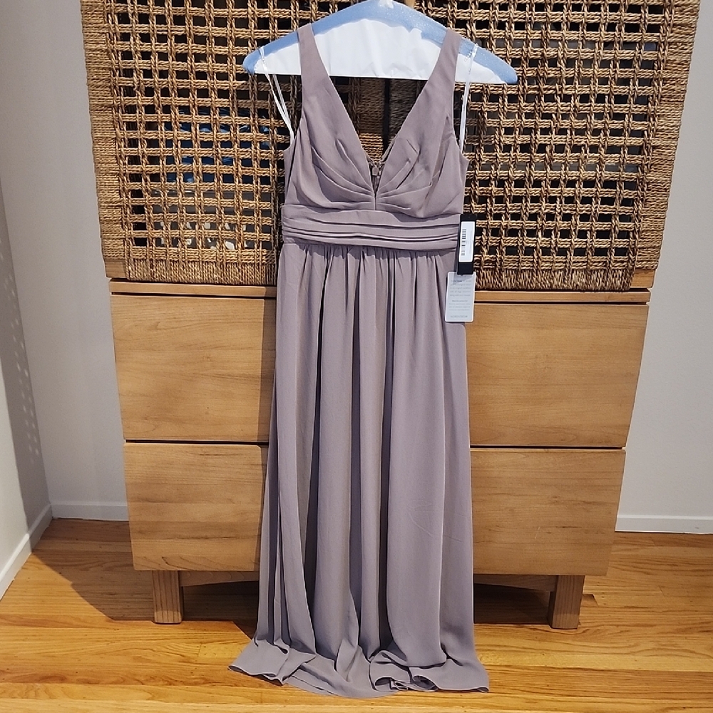 Lulus ruched A-line chiffon maxi dress in taupe, XS, NWT